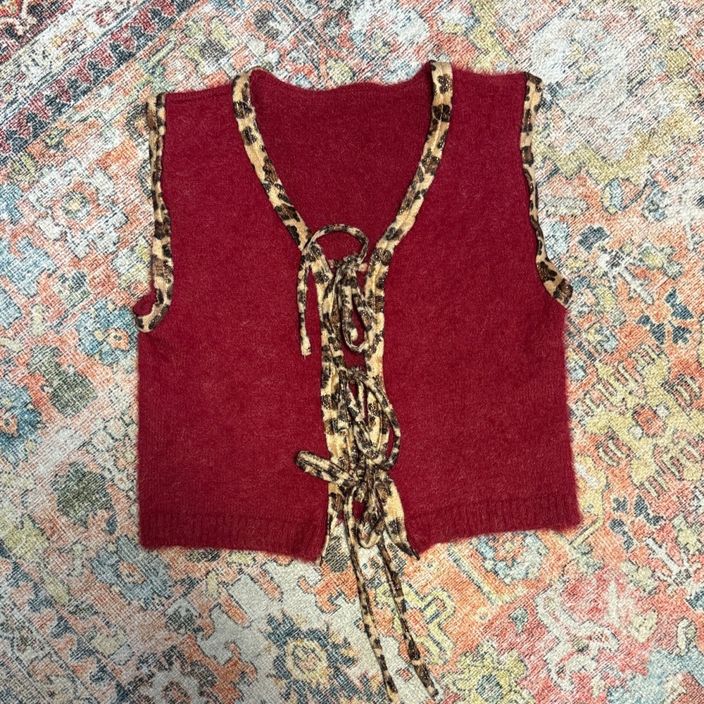 Red Knit Vest with Leopard Trim Tie Front